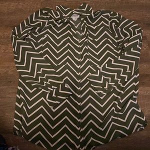 Long sleeve, Express blouse. Olive green and white.